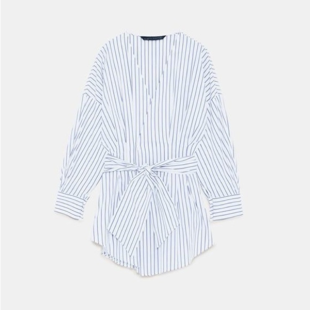 Zara White and Blue Striped Tunic Top